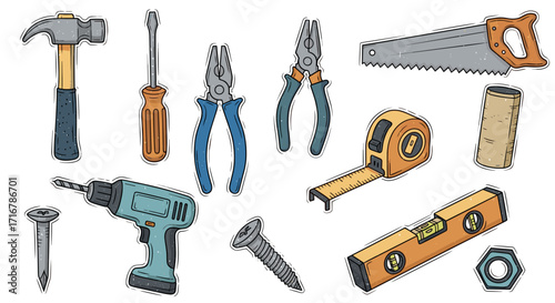 Collection of hand drawn construction and diy tools on a black background