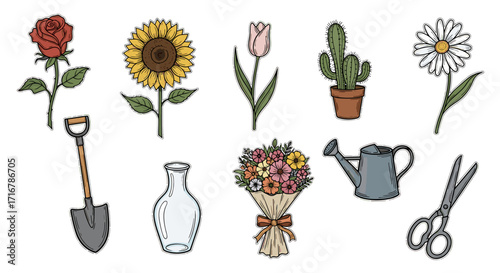 Collection of hand drawn botanical illustrations featuring flowers gardening tools and decorative elements