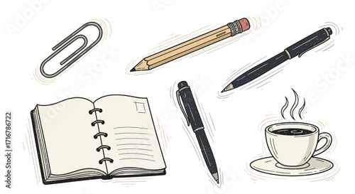 Creative workspace essentials including a notebook pens pencil paperclip and a steaming cup of coffee