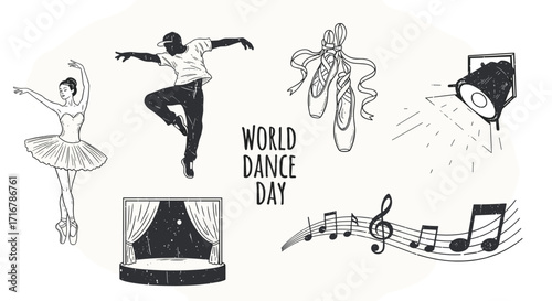 Celebrating world dance day with ballet hip hop pointe shoes stage and music notes