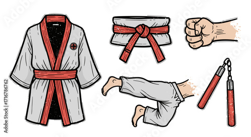 Martial arts elements depicting a karate gi belt fist nunchucks and a dynamic kick
