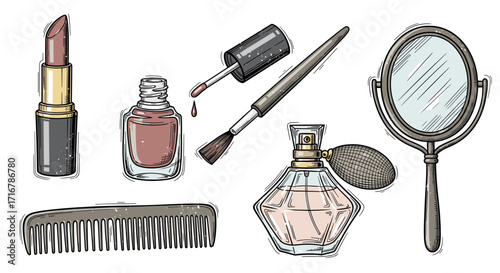Vintage beauty essentials lipstick nail polish perfume mirror brush and comb collection