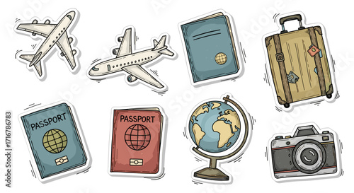 Collection of hand drawn travel essentials including airplanes passports suitcase globe and camera
