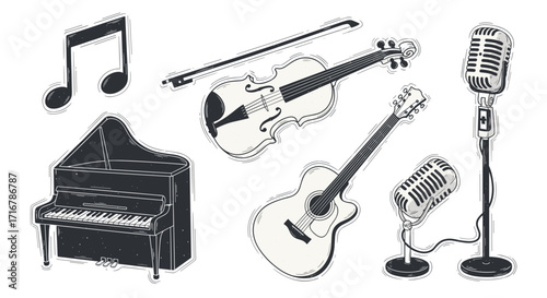 A collection of vintage musical instruments and microphones on a black background