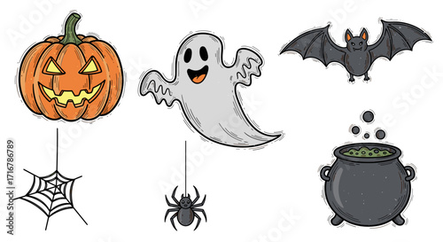 Spooky halloween icons featuring a jack o lantern ghost bat spider web and cauldron