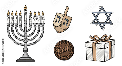 Hanukkah symbols including menorah dreidel star of david gelt and gift box