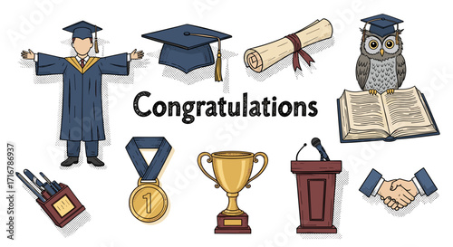 Graduation celebration symbols including graduate owl diploma and trophy on black background