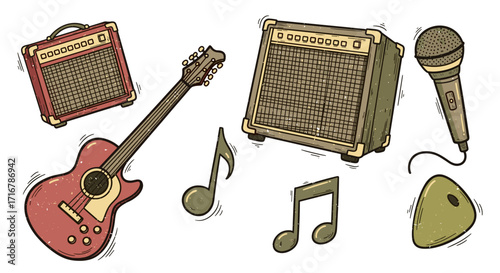 Retro rock band equipment featuring guitar amplifier microphone and musical notes