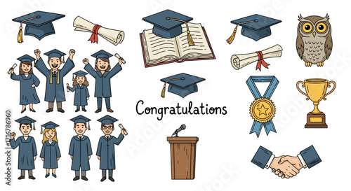 Graduation celebration elements featuring students caps diplomas owl trophy and handshake