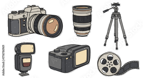 Collection of vintage and modern photography equipment and film reel illustrated on black background