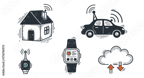 Connected devices and smart technology icons including a house car smartwatch and cloud data transfer