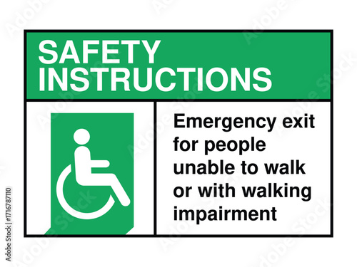 Accessible Emergency Exit Safety Sign – Wheelchair Icon with Green Header and Inclusive Message for Evacuation High-Quality Vectorial Stock Image