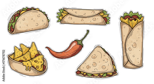 Colorful hand drawn mexican food assortment featuring tacos burritos quesadillas nachos and chili