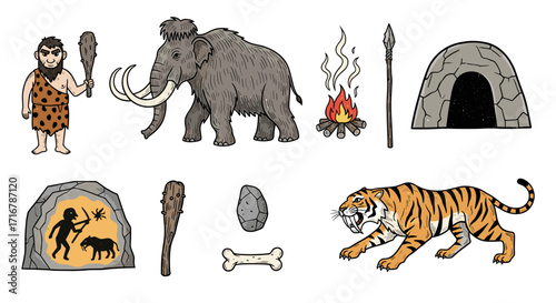 Prehistoric life depicted with caveman mammoth fire spear cave and tiger illustrations