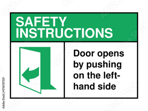 Door Push Instruction Safety Sign – Left-Side Push Arrow with Green Header and Operational Message for Public Access Guidance High-Quality Vectorial Stock Image