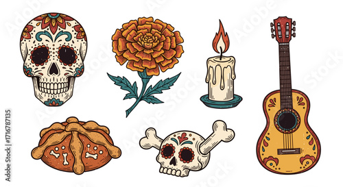 Day of the dead icons featuring sugar skulls marigolds guitar candle and bread of the dead