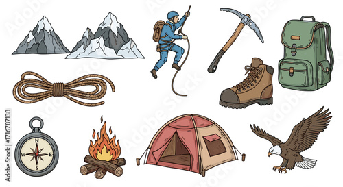 Collection of adventure and camping gear with mountains and eagle illustration