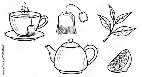 Collection of hand drawn tea elements including cup teabag leaves teapot and lemon slice