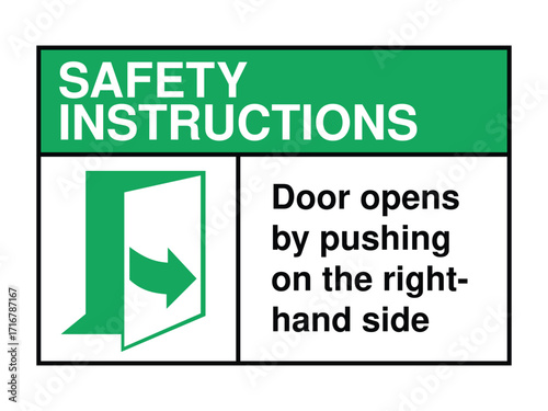 Door Push Instruction Safety Sign – Right-Side Push Arrow with Green Header and Message for Emergency Access Guidance High-Quality Vectorial Stock Image