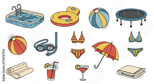 Retro summer vacation essentials collection featuring pool beach and fun activities