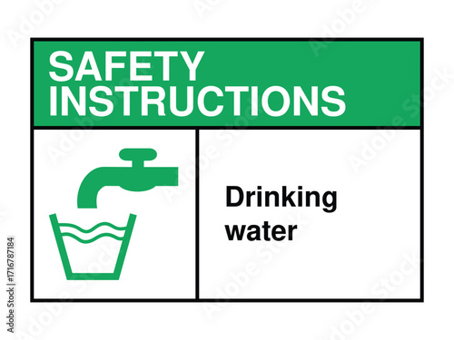 Drinking Water Safety Instruction Sign – Tap and Glass Icon with Green Header and Message for Public Health Guidance High-Quality Vectorial Stock Image