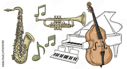 Jazz ensemble featuring saxophone trumpet double bass piano and musical notes on black background
