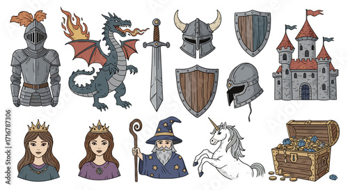 Fantasy medieval elements collection featuring knights dragons castles wizards princesses unicorns and treasures