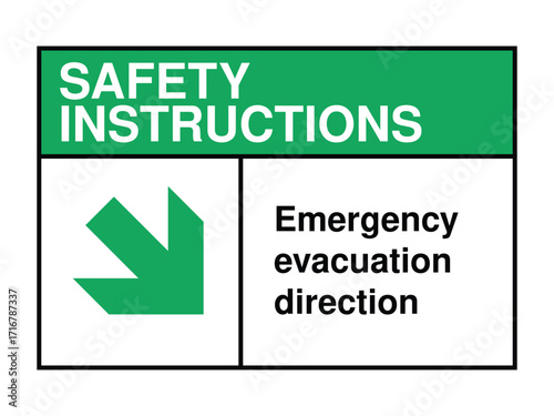 Emergency Evacuation Direction Safety Instruction Sign – Down-Left Arrow Icon with Green Header and Message for Public Safety Guidance High-Quality Vectorial Stock Image