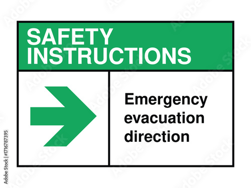 Emergency Evacuation Direction Safety Instruction Sign – Right Arrow Icon with Green Header and Message for Public Safety Guidance High-Quality Vectorial Stock Image