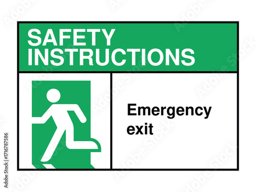 Emergency Exit Safety Instruction Sign – Leftward Running Icon with Green Header and Message for Rapid Evacuation Guidance High-Quality Vectorial Stock Image
