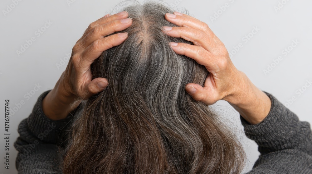 Naklejka premium Woman's hands examining her scalp, showing gray roots and natural silver hair transitioning from darker strands, a visual representation of aging, hair health, and self care