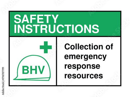 Emergency Response Resource Collection Safety Instruction Sign – Green Header with BHV Helmet Icon and Medical Cross for Workplace Preparedness High-Quality Vectorial Stock Image