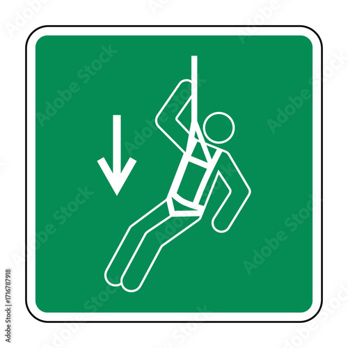 Emergency Descent Device Safety Symbol – Controlled Vertical Escape Icon in Green Square for High-Rise and Industrial Evacuation High-Quality Vectorial Stock Image
