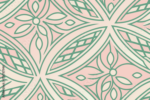 Elegant Pastel Floral Pattern: Seamless Soft Pink and Green Geometric Textile Design, Vintage Style