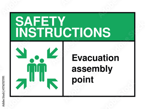 Evacuation Assembly Point Safety Sign – Meeting Zone Icon with Green Header and Instructional Message for Emergency Gathering High-Quality Vectorial Stock Image