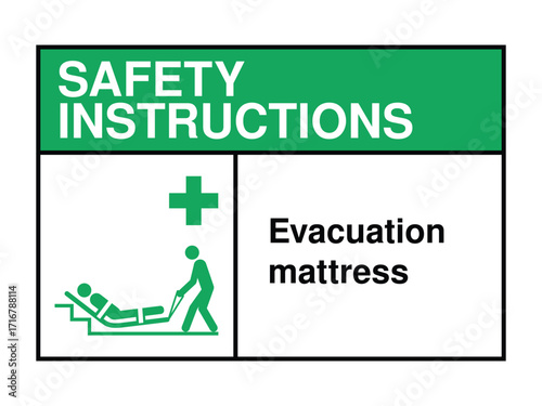 Evacuation Mattress Safety Instruction Sign – Stair Descent Rescue Icon with Green Header and Inclusive Emergency Message High-Quality Vectorial Stock Image