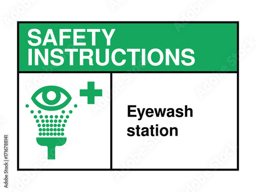 Eyewash Station Safety Instruction Sign – Emergency Eye Rinse Icon with Green Header and Medical Message for Hazard Zones High-Quality Vectorial Stock Image