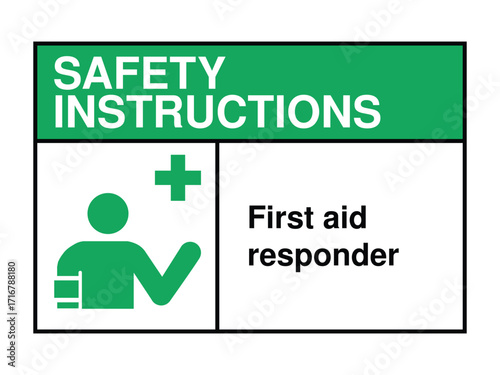 First Aid Responder Safety Instruction Sign – Medical Assistance Icon with Green Header and Emergency Identification Message High-Quality Vectorial Stock Image