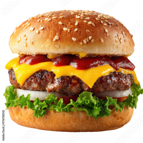 Juicy beef burger with melted cheese lettuce tomato and ketchup on a sesame seed bun isolated on transparent background