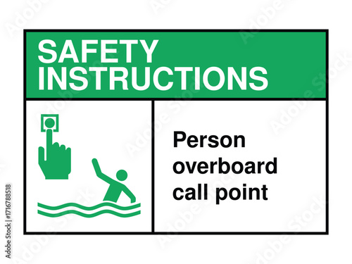 Person Overboard Call Point Safety Instruction Sign – Maritime Alert Icon with Green Header and Rescue Activation Message High-Quality Vectorial Stock Image