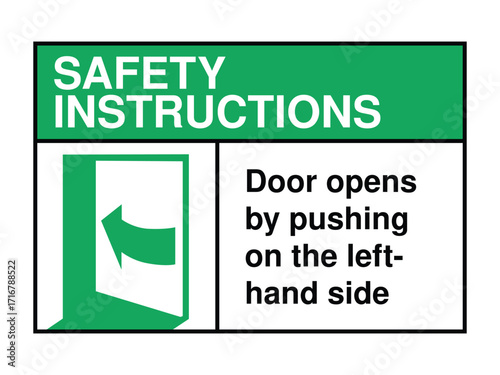 Push Door Left Safety Instruction Sign – Directional Access Icon with Green Header and Emergency Operation Message High-Quality Vectorial Stock Image