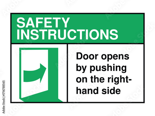 Push Door Right Safety Instruction Sign – Directional Access Icon with Green Header and Emergency Operation Message High-Quality Vectorial Stock Image