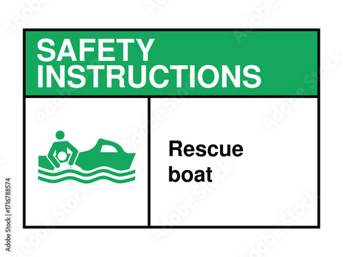 Rescue Boat Safety Instruction Sign – Water Rescue Icon with Green Header and Emergency Retrieval Message High-Quality Vectorial Stock Image