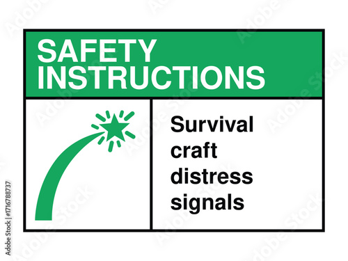 Survival Craft Distress Signals Safety Instruction Sign – Emergency Flare Icon with Green Header and Maritime Alert Message High-Quality Vectorial Stock Image