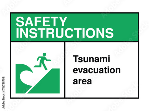 Tsunami Evacuation Area Safety Instruction Sign – Emergency Escape Icon with Green Header and Coastal Alert Message High-Quality Vectorial Stock Image
