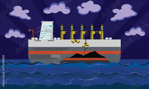Vector illustration of a bulk cargo ship unloading coal at port at night with cloudy sky. 