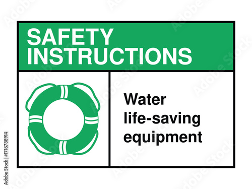 Water Life-Saving Equipment Safety Instruction Sign – Lifesaving Preserver Icon with Green Header and Aquatic Emergency Message High-Quality Vectorial Stock Image