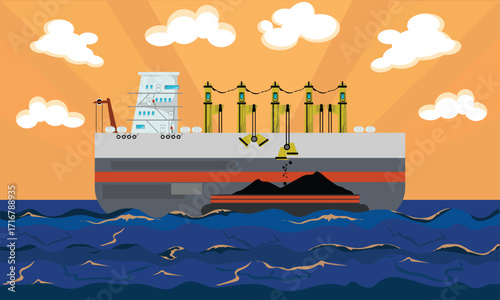 Vector illustration of a cargo ship unloading coal at sea port during sunset with cloudy sky. Suitable for shipping industry, energy export, maritime trade, logistics, and transportation.