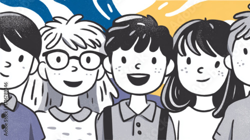 four children smiling happily against a colorful background