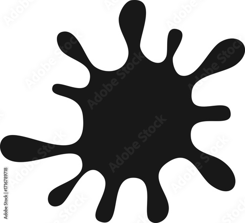 A black ink blot or splash with irregular edges and a fluid, amorphous shape isolated on a white background.